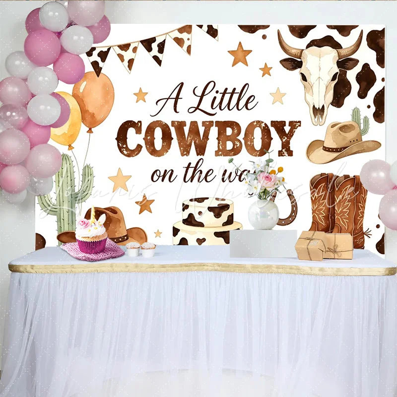 Lofaris A Little Cowboy on the Way Baby Shower Backdrop with Cow Print Balloons and Cactus Western Background for Boy Party