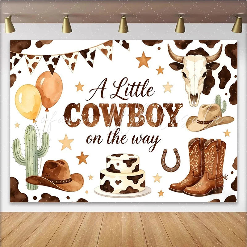 Lofaris A Little Cowboy on the Way Baby Shower Backdrop with Cow Print Balloons and Cactus Western Background for Boy Party