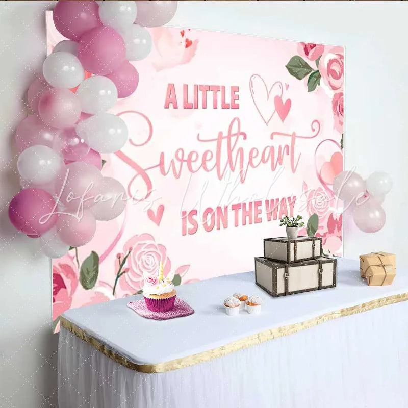 Lofaris A Little Sweetheart is on the Way Backdrop Pink Floral Hearts Photography Background Valentine Theme Baby Shower Decoration