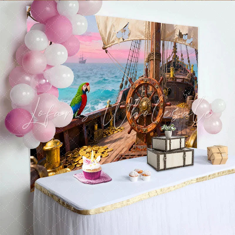 Lofaris Abenteuerlicher Piraten-Schiff-Hintergrund mit Papagei und Goldmünzen für Kindergeburtstage und Mottopartys