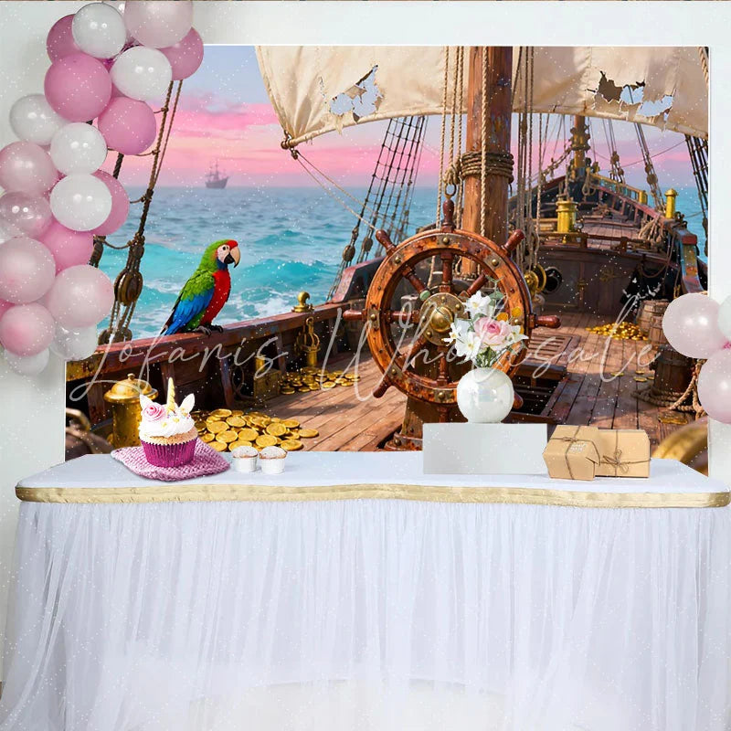 Lofaris Abenteuerlicher Piraten-Schiff-Hintergrund mit Papagei und Goldmünzen für Kindergeburtstage und Mottopartys