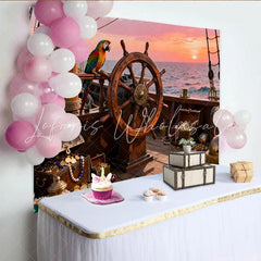 Lofaris Abenteuerlicher Piraten-Schiff-Partyhintergrund mit Schatz Papagei und Sonnenuntergang am Meer für Kindergeburtstage