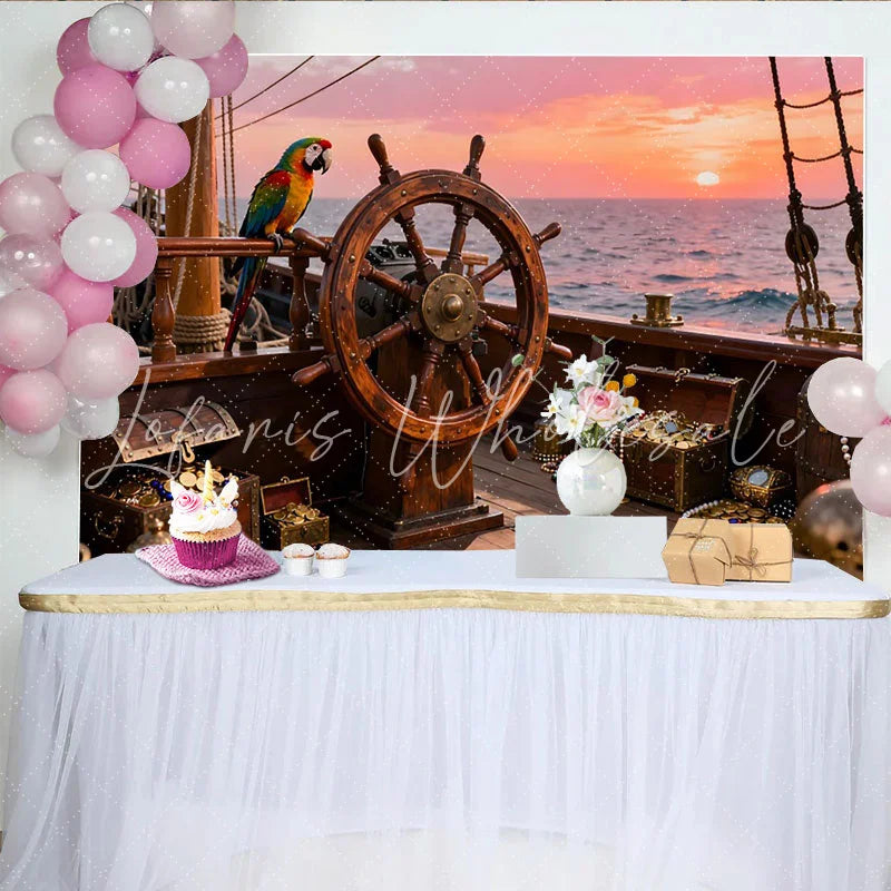 Lofaris Abenteuerlicher Piraten-Schiff-Partyhintergrund mit Schatz Papagei und Sonnenuntergang am Meer für Kindergeburtstage