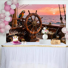 Lofaris Abenteuerlicher Piraten-Schiff-Partyhintergrund mit Schatz Papagei und Sonnenuntergang am Meer für Kindergeburtstage