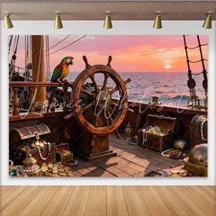 Lofaris Abenteuerlicher Piraten-Schiff-Partyhintergrund mit Schatz Papagei und Sonnenuntergang am Meer für Kindergeburtstage