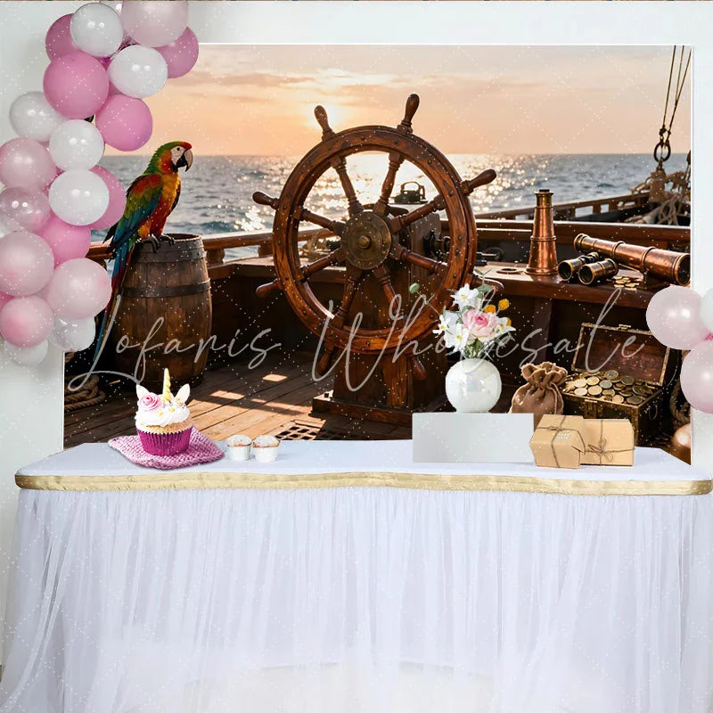 Lofaris Abenteuerlicher Piraten-Schiffdeck-Hintergrund mit Steuerrad Papagei und Schatzkiste ideal für Kindergeburtstage