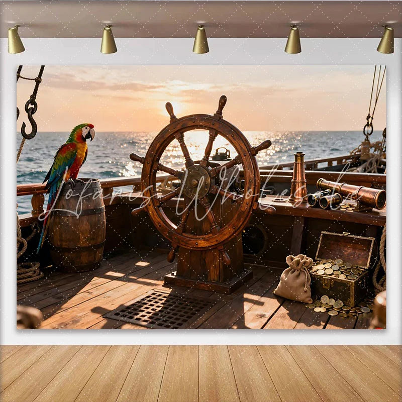 Lofaris Abenteuerlicher Piraten-Schiffdeck-Hintergrund mit Steuerrad Papagei und Schatzkiste ideal für Kindergeburtstage