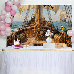 Lofaris Abenteuerlicher Piratenschiff-Schatzinsel-Partyhintergrund mit Papagei und Steuerrad für Kindergeburtstage