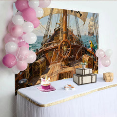 Lofaris Abenteuerlicher Piratenschiff-Schatzinsel-Partyhintergrund mit Papagei und Steuerrad für Kindergeburtstage