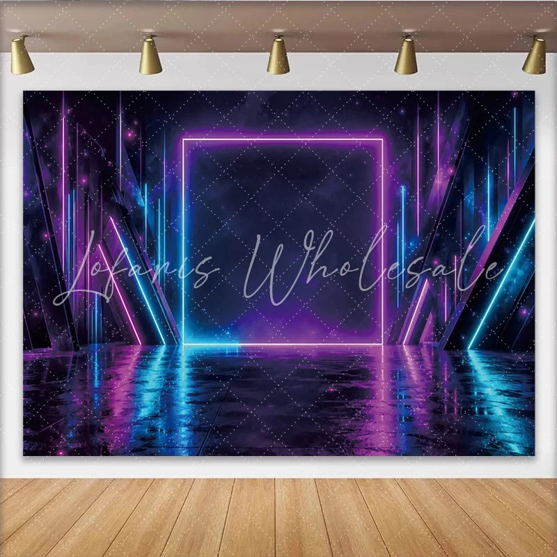 Lofaris Abstract Neon Photography Backdrop with Blue and Purple Lights Futuristic Reflective Floor Studio Background for Sci-Fi Theme