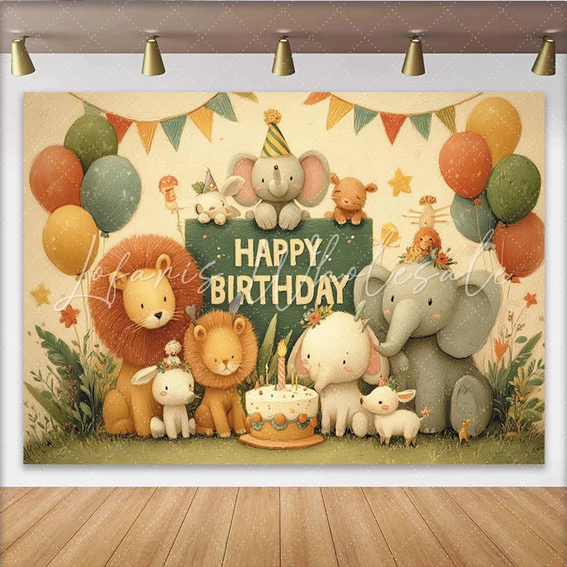 Lofaris Adorable Cartoon Jungle Animal Happy Birthday Backdrop with Elephants Lions and Balloons Kids Party Decor