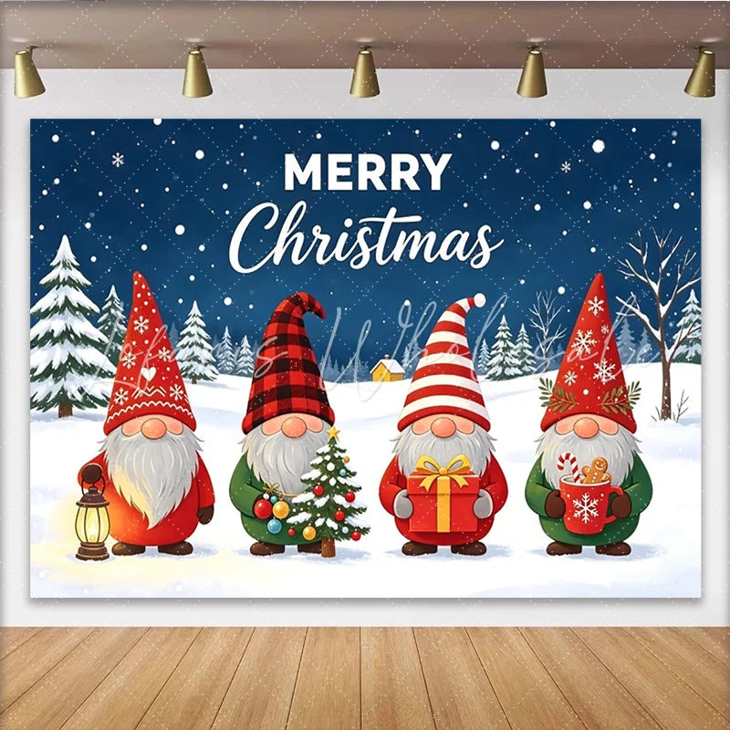 Lofaris Adorable Gnome Christmas Backdrop with Snowy Winter Forest and Festive Gifts Holiday Party Decor and Photo Booth Background