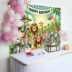 Lofaris Adorable Jungle Safari Animals Birthday Backdrop featuring Happy Birthday Banner and Party Hats for Kids