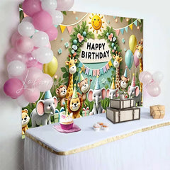 Lofaris Adorable Jungle Safari Animals Birthday Backdrop with Happy Birthday Sign and Balloons Kids Party Decor