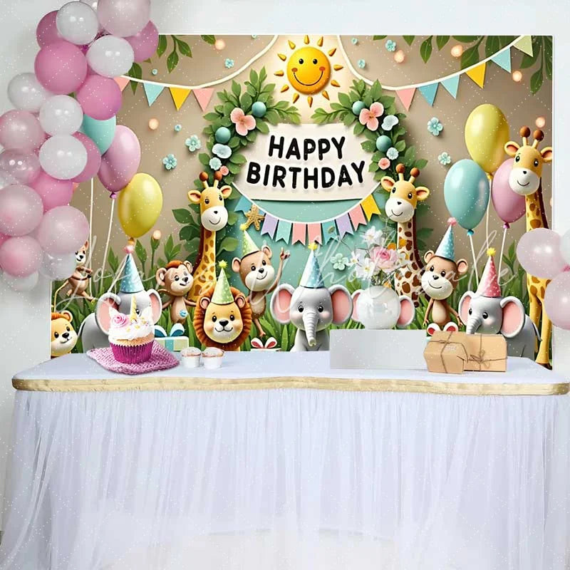 Lofaris Adorable Jungle Safari Animals Birthday Backdrop with Happy Birthday Sign and Balloons Kids Party Decor