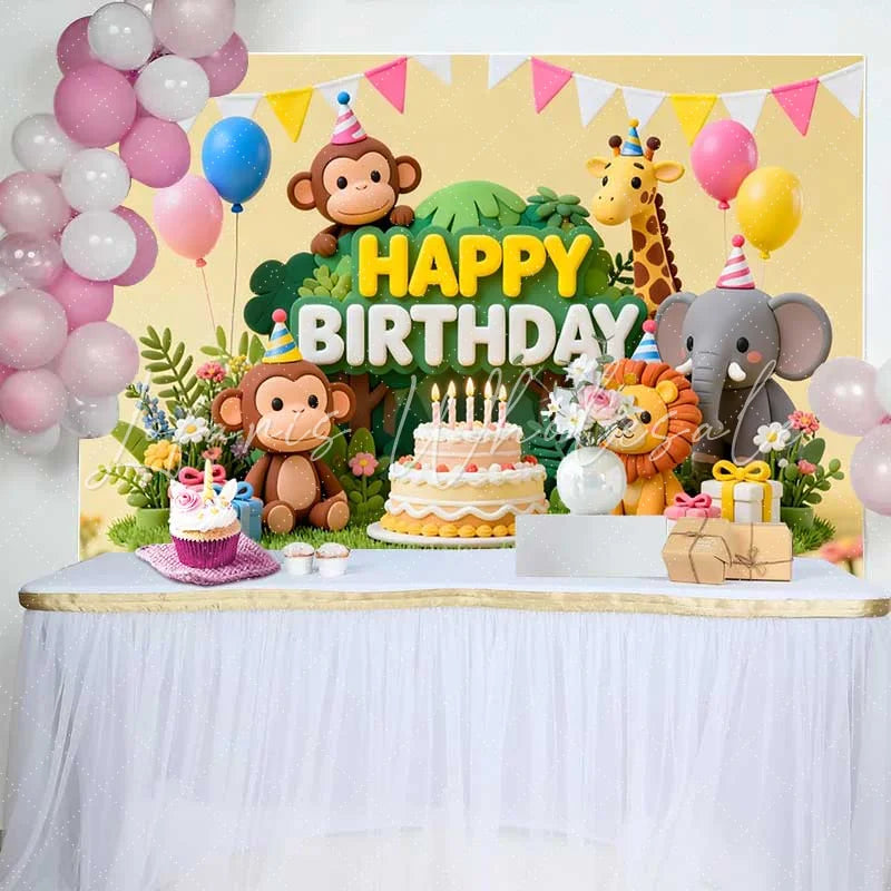 Lofaris Adorable Jungle Safari Animals Happy Birthday Backdrop with Cake and Balloons Wild One Party Decor
