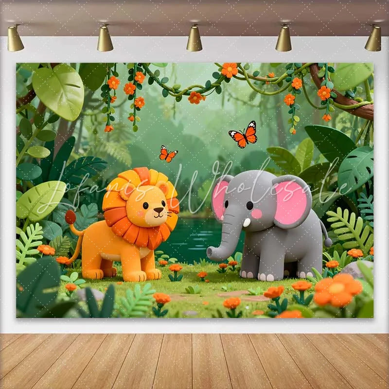Lofaris Adorable Lion and Elephant Jungle Safari Birthday Backdrop Wild One Theme Baby Shower Party Decor