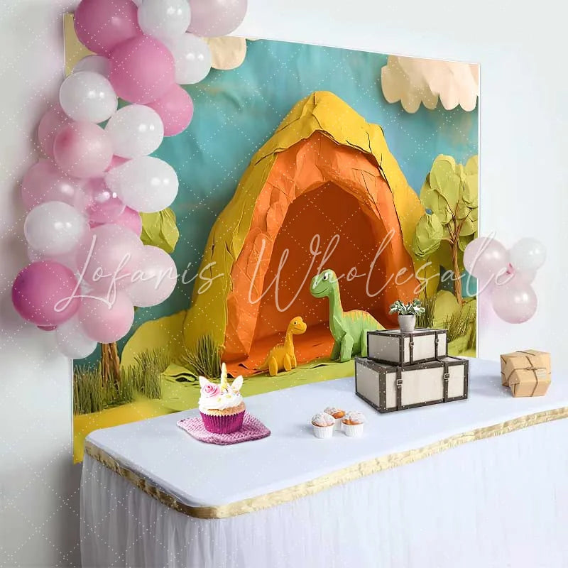 Lofaris Adorable Papercraft Dinosaur Birthday Cake Smash Backdrop Prehistoric Cave and Green Jungle Party Decor