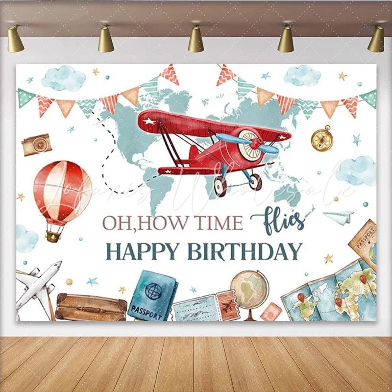 Lofaris Adventure Travel Biplane and Hot Air Balloon Party Backdrop Oh How Time Flies Happy Birthday Theme