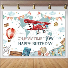 Lofaris Adventure Travel Biplane and Hot Air Balloon Party Backdrop Oh How Time Flies Happy Birthday Theme
