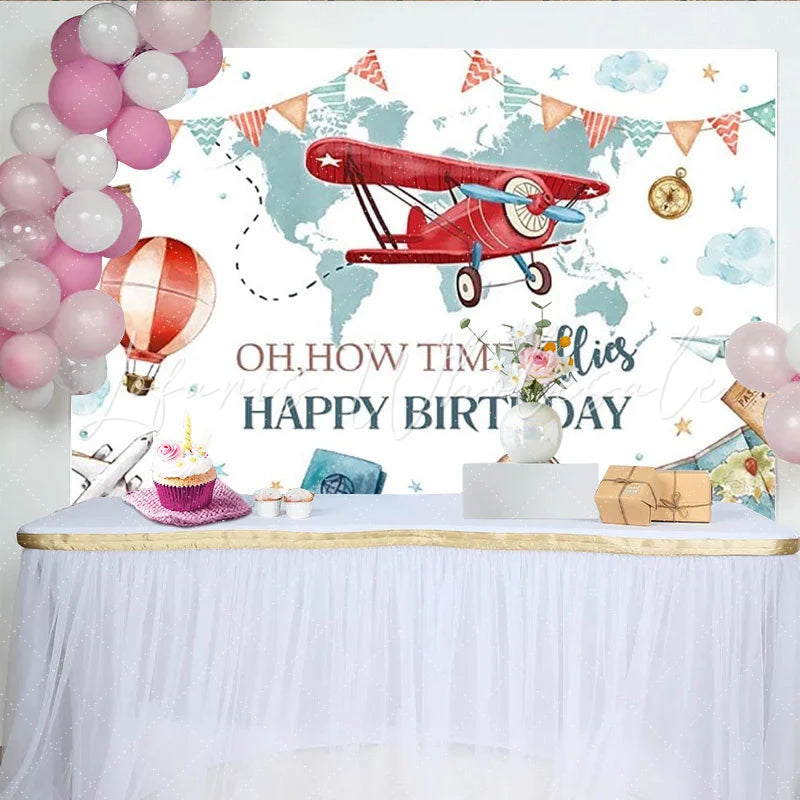 Lofaris Adventure Travel Biplane and Hot Air Balloon Party Backdrop Oh How Time Flies Happy Birthday Theme