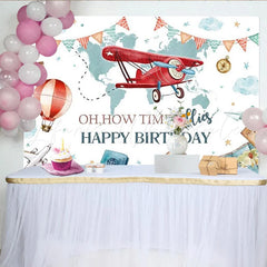 Lofaris Adventure Travel Biplane and Hot Air Balloon Party Backdrop Oh How Time Flies Happy Birthday Theme