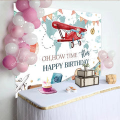 Lofaris Adventure Travel Biplane and Hot Air Balloon Party Backdrop Oh How Time Flies Happy Birthday Theme