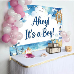 Lofaris Ahoy It’s a Boy Nautical Baby Shower Backdrop with Sailboat and Lighthouse Ocean Beach Theme Background for Party Decor