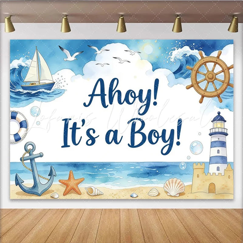 Lofaris Ahoy It’s a Boy Nautical Baby Shower Backdrop with Sailboat and Lighthouse Ocean Beach Theme Background for Party Decor