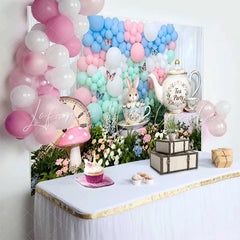 Lofaris Alice Tea Party Rabbit and Vintage Clock Easter Backdrop Pastel Balloon Arch Spring Background
