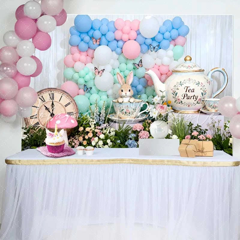 Lofaris Alice Tea Party Rabbit and Vintage Clock Easter Backdrop Pastel Balloon Arch Spring Background