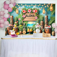 Lofaris Aloha Hawaiian Luau Party Backdrop with Tropical Palm Leaves and Tiki Statues Summer Beach Sunset Background for Festive Event Decor