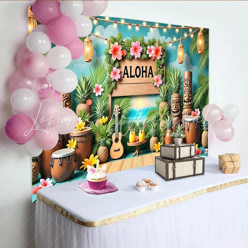 Lofaris Aloha Hawaiian Luau Party Backdrop with Tropical Palm Leaves and Tiki Statues Summer Beach Sunset Background for Festive Event Decor