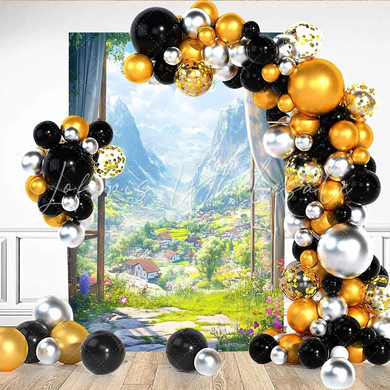 Lofaris Alpine Mountain View Backdrop Snow Peaks and Flower Meadow through Window for Travel Theme