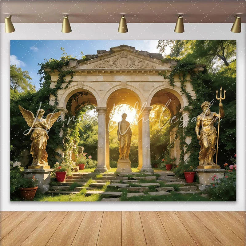 Lofaris Ancient Garden Archway Photography Backdrop with Golden Statues Elegant Stone Archway Background for Artistic Portrait Photoshoot