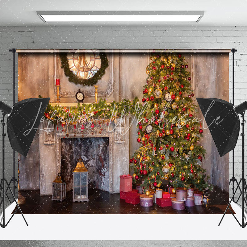 Lofaris Ancient Luxurious Fireplace Tree Christmas Backdrop