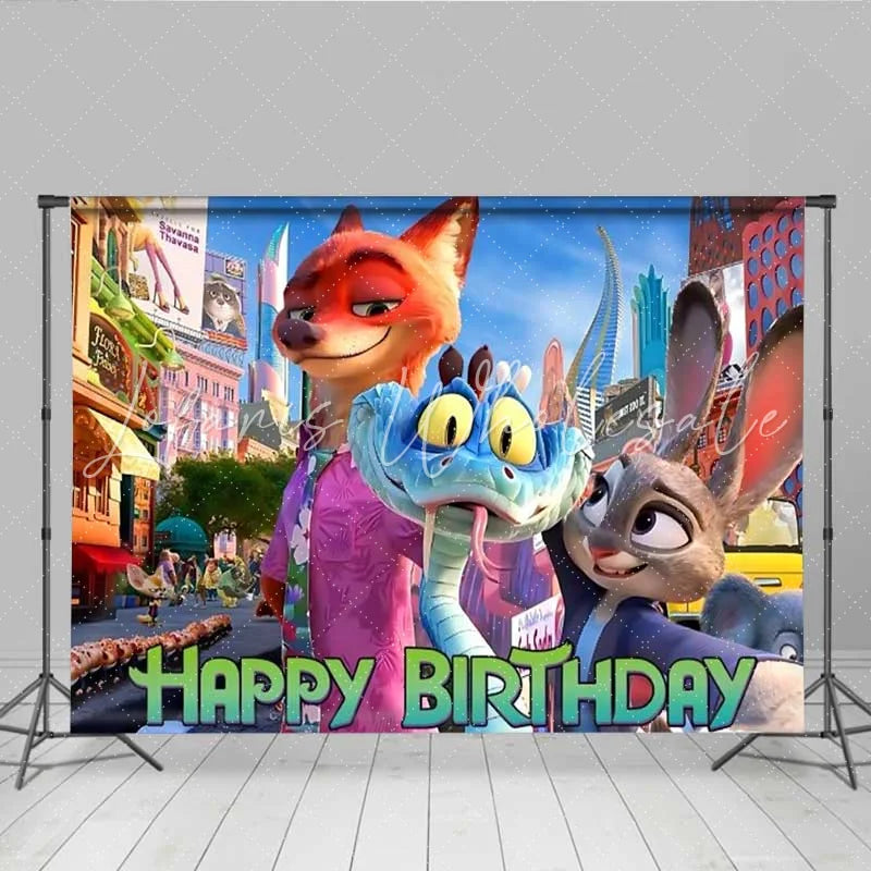 Lofaris Animal City Birthday Backdrop Cartoon Fox and Rabbit Party Decoration Urban Zoo Kids Happy Birthday Banner Photography Prop