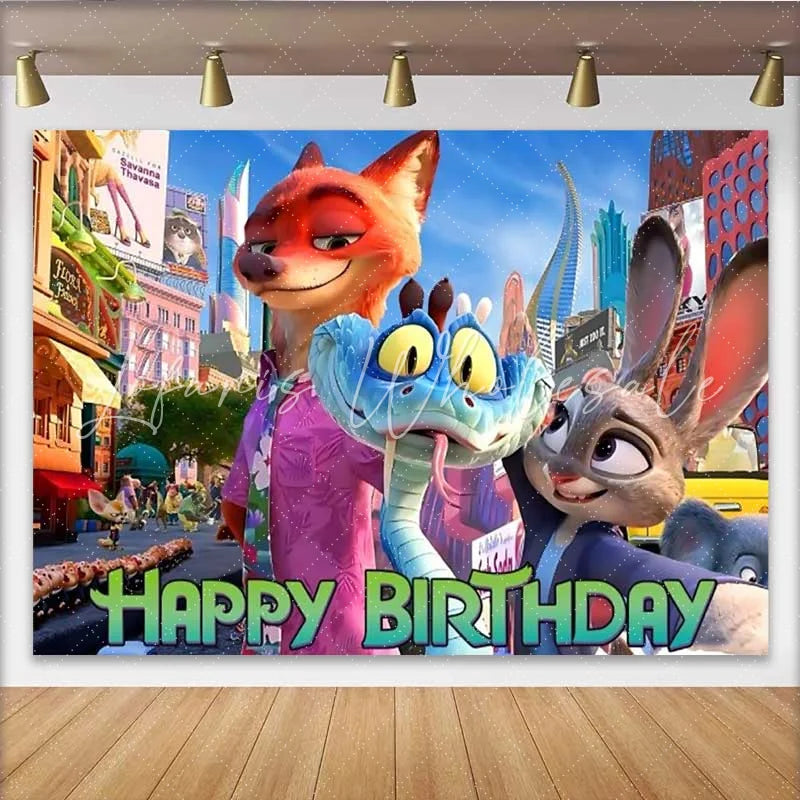 Lofaris Animal City Birthday Backdrop Cartoon Fox and Rabbit Party Decoration Urban Zoo Kids Happy Birthday Banner Photography Prop
