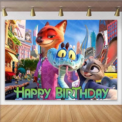 Lofaris Animal City Birthday Backdrop Cartoon Fox and Rabbit Party Decoration Urban Zoo Kids Happy Birthday Banner Photography Prop