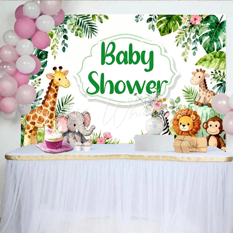 Lofaris Aquarell-Dschungel-Safari-Babyparty-Hintergrund mit Tieren für Jungen und Mädchen grüne Blätter-Deko