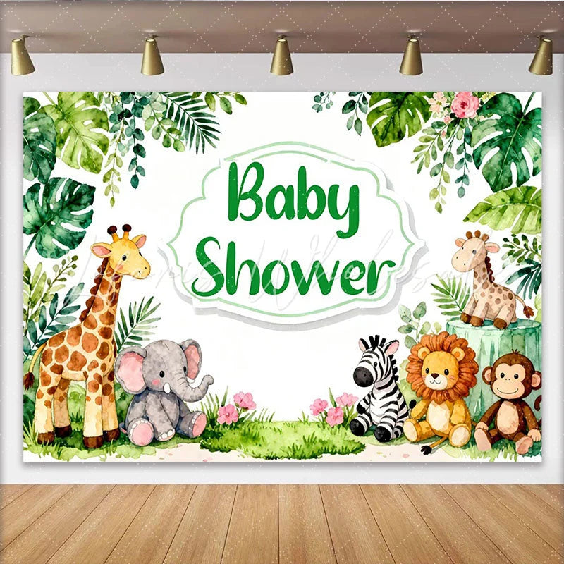 Lofaris Aquarell-Dschungel-Safari-Babyparty-Hintergrund mit Tieren für Jungen und Mädchen grüne Blätter-Deko