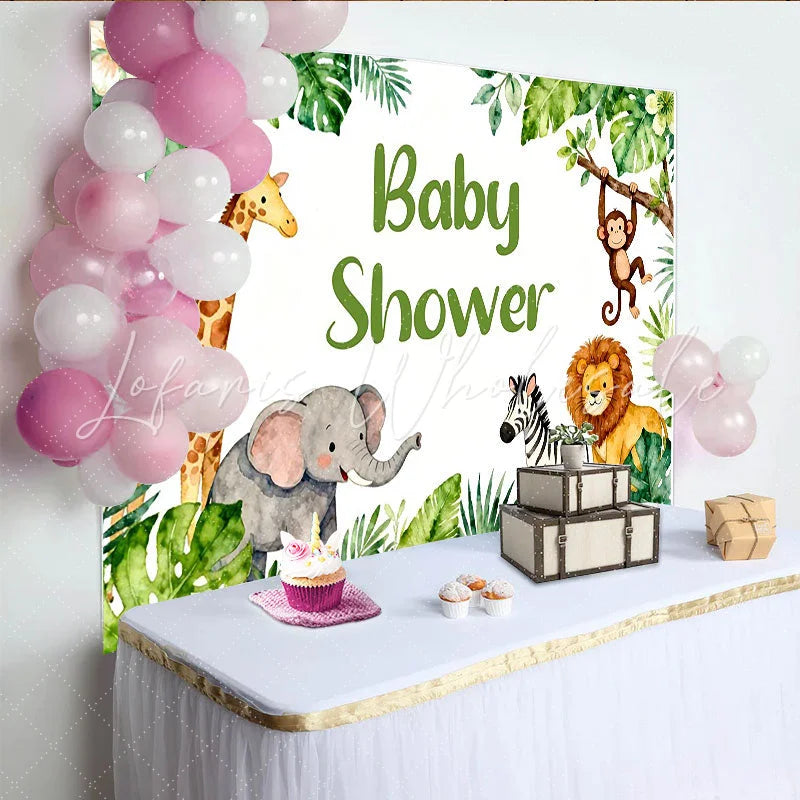 Lofaris Aquarell Dschungel-Safari-Hintergrund mit niedlichen Tieren ideal für Babyparty und Kindergeburtstag Fotokulisse