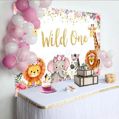 Lofaris Aquarell Safari-Tiere Blumenkränze und Glitzer Party-Hintergrund für den ersten Geburtstag und Babypartys