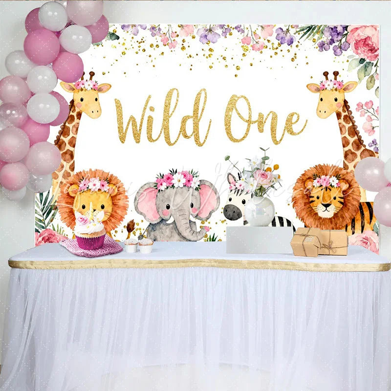 Lofaris Aquarell Safari-Tiere Blumenkränze und Glitzer Party-Hintergrund für den ersten Geburtstag und Babypartys