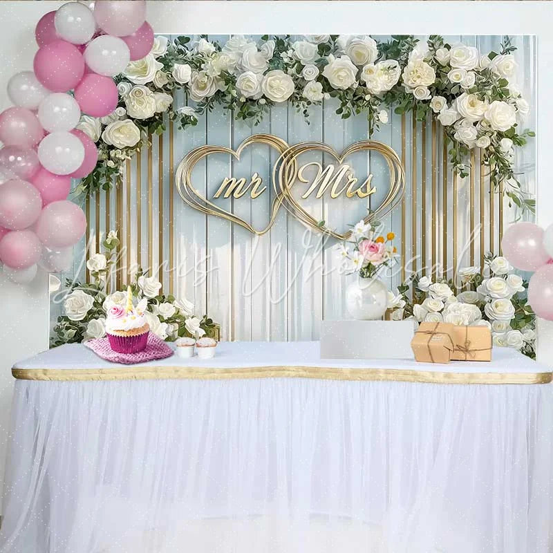 Lofaris Arched White Floral Mr and Mrs Wedding Backdrop Gold Hearts Ceremony Party Decoration