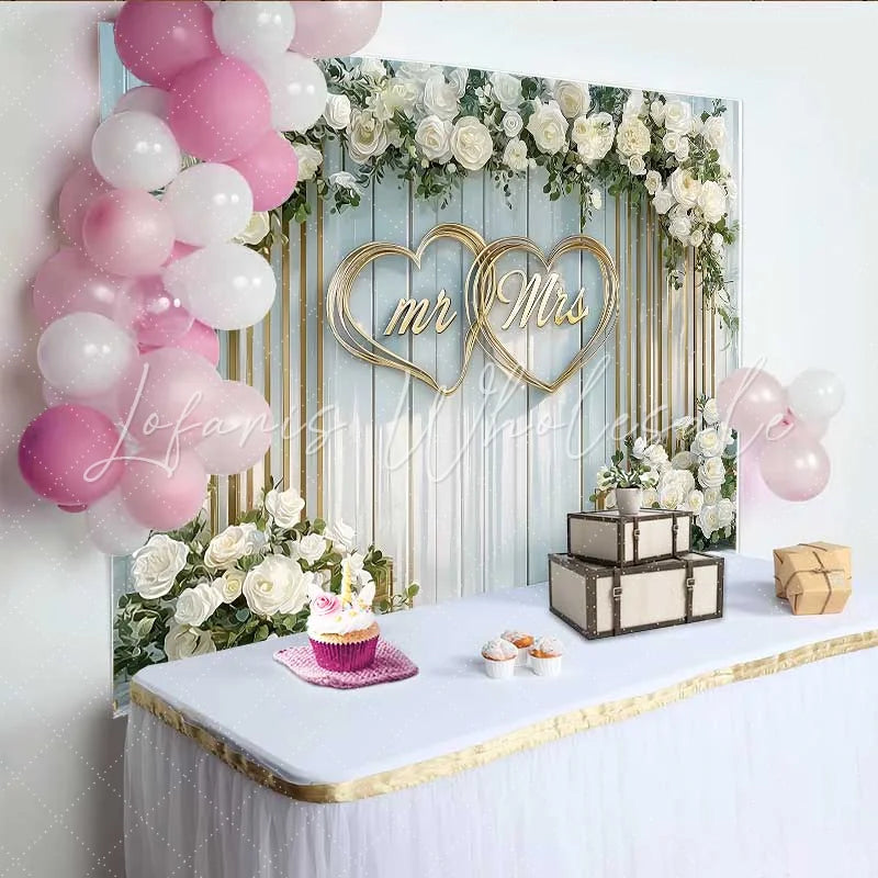 Lofaris Arched White Floral Mr and Mrs Wedding Backdrop Gold Hearts Ceremony Party Decoration