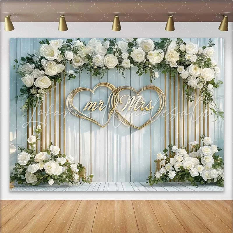 Lofaris Arched White Floral Mr and Mrs Wedding Backdrop Gold Hearts Ceremony Party Decoration