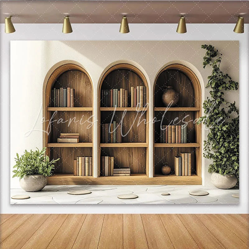 Lofaris Arched Wooden Bookshelf Photography Backdrop with Green Plants and Books Cozy Library Background for Studio Portrait