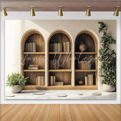 Lofaris Arched Wooden Bookshelf Photography Backdrop with Green Plants and Books Cozy Library Background for Studio Portrait