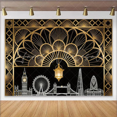Lofaris Art Deco London Skyline Photography Backdrop with Golden Lantern Elegant Black and Gold Background for Party or Studio Photoshoot